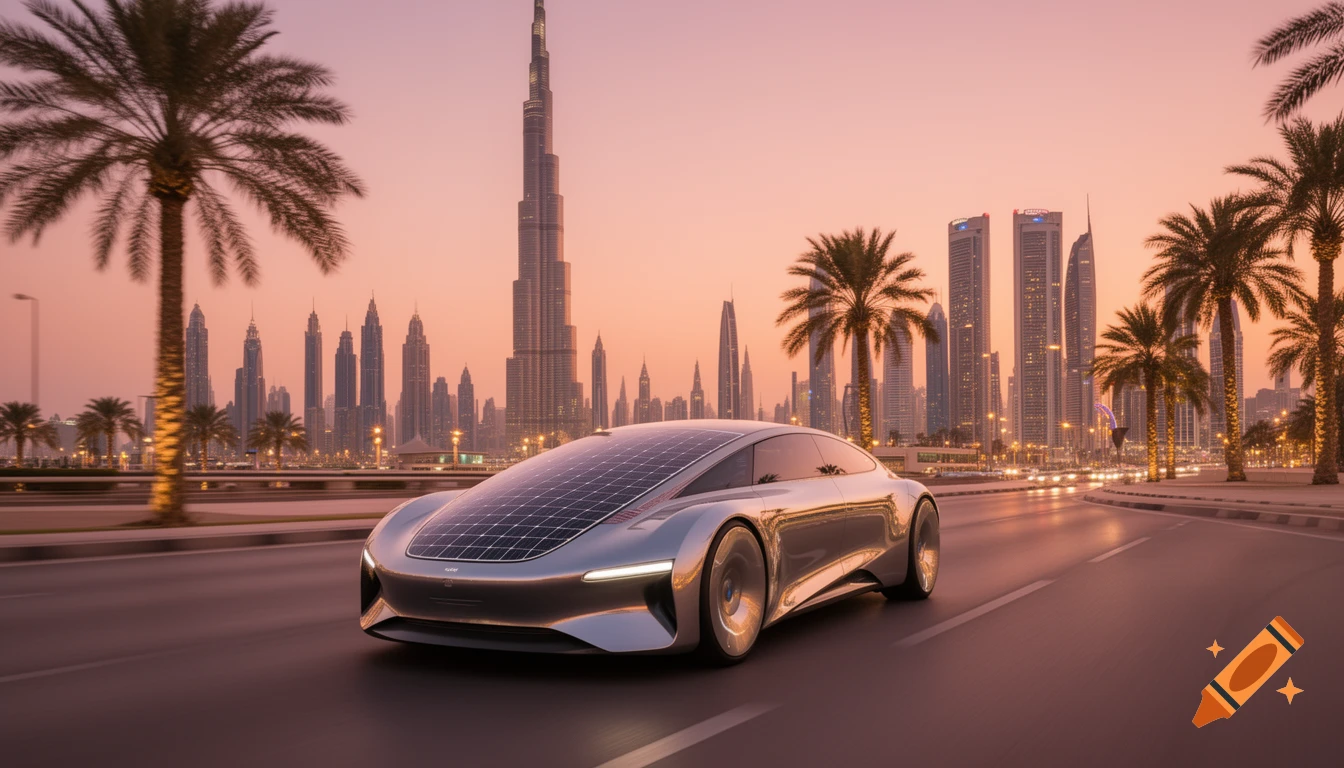A sleek, solar-powered car drives on a road in Dubai at sunset, with the Burj Khalifa and other skyscrapers in the background.