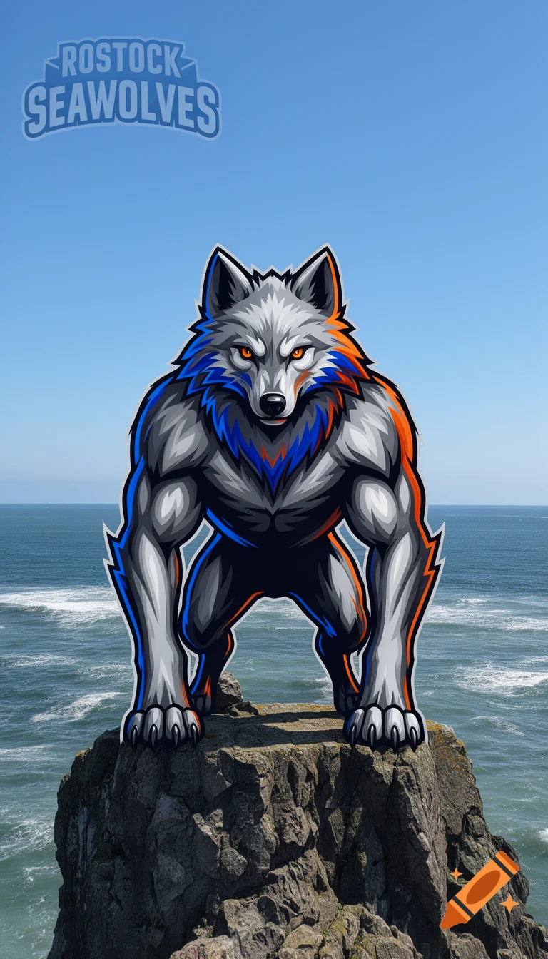 A stylized muscular gray wolf with orange and blue fur stands on a rock by the ocean, with 'Rostock Seawolves' text above.