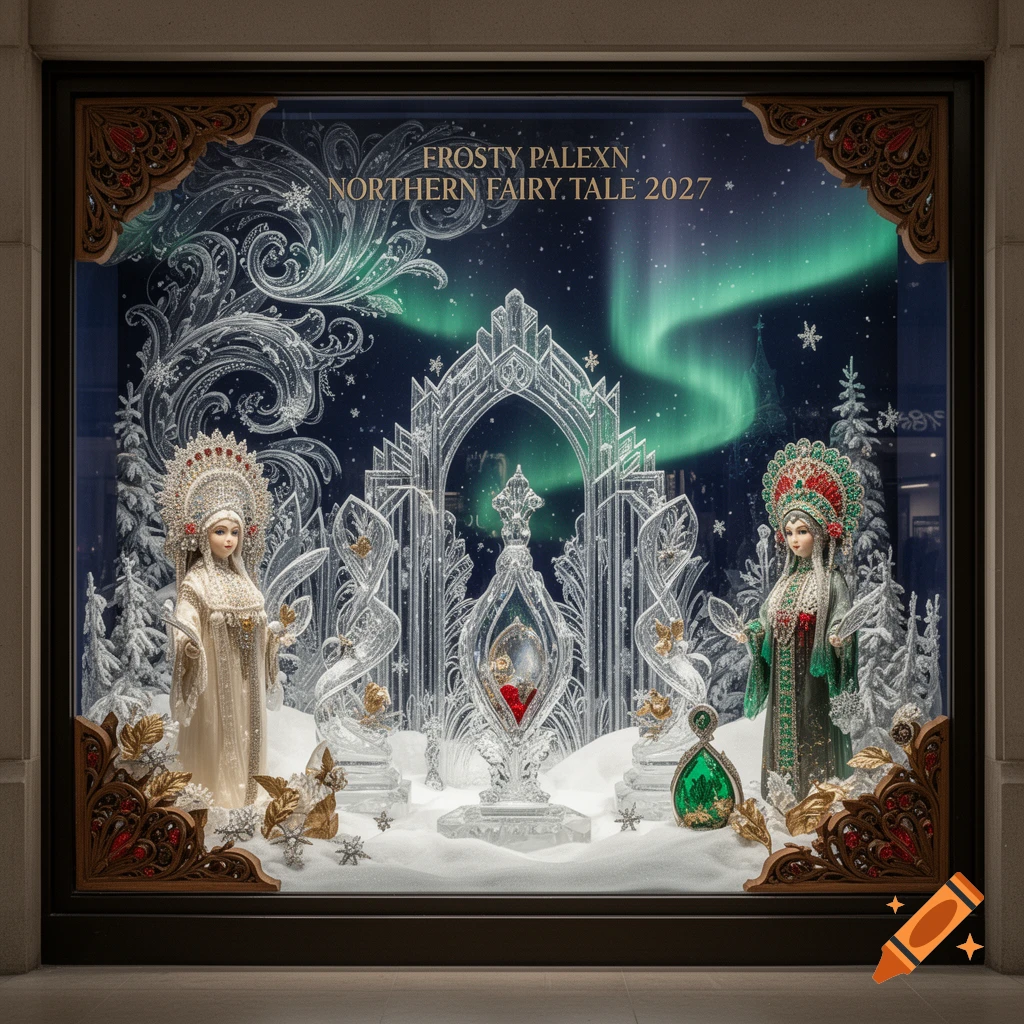 A luxurious window display featuring two figures in Russian folk attire amidst ornate ice carvings, snow, and an aurora borealis.