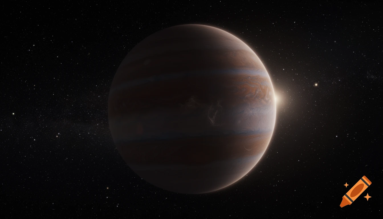 Photorealistic view of a banded brown dwarf planet in space, with one side brightly lit by a star and the other in shadow.