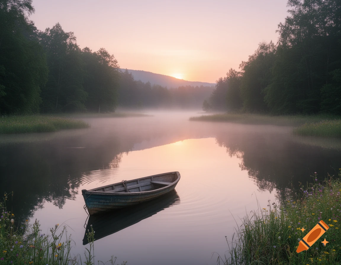 A lone wooden boat floats on a misty lake at sunrise, surrounded by dark trees, with soft pink and orange light reflecting on the water.