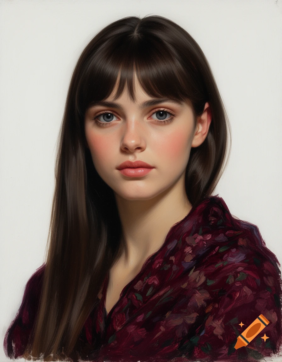 Oil painting portrait of a young woman with dark-brown hair, bangs, and blue eyes, wearing a burgundy floral shawl on white.
