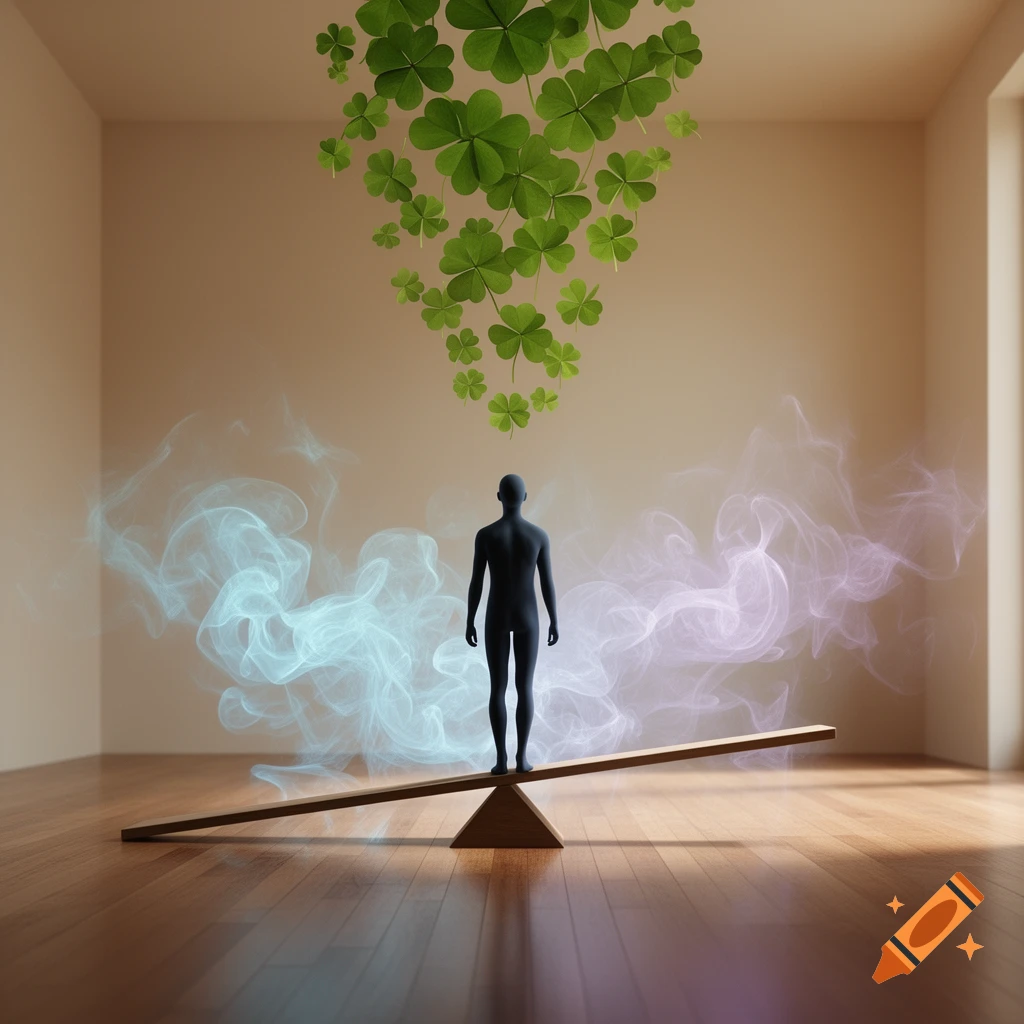 A silhouetted, featureless human figure stands balanced on a wooden seesaw in a minimalist room with light brown walls. Swirling blue and pink smoke surrounds the figure, while a cascade of green clovers floats down from above.