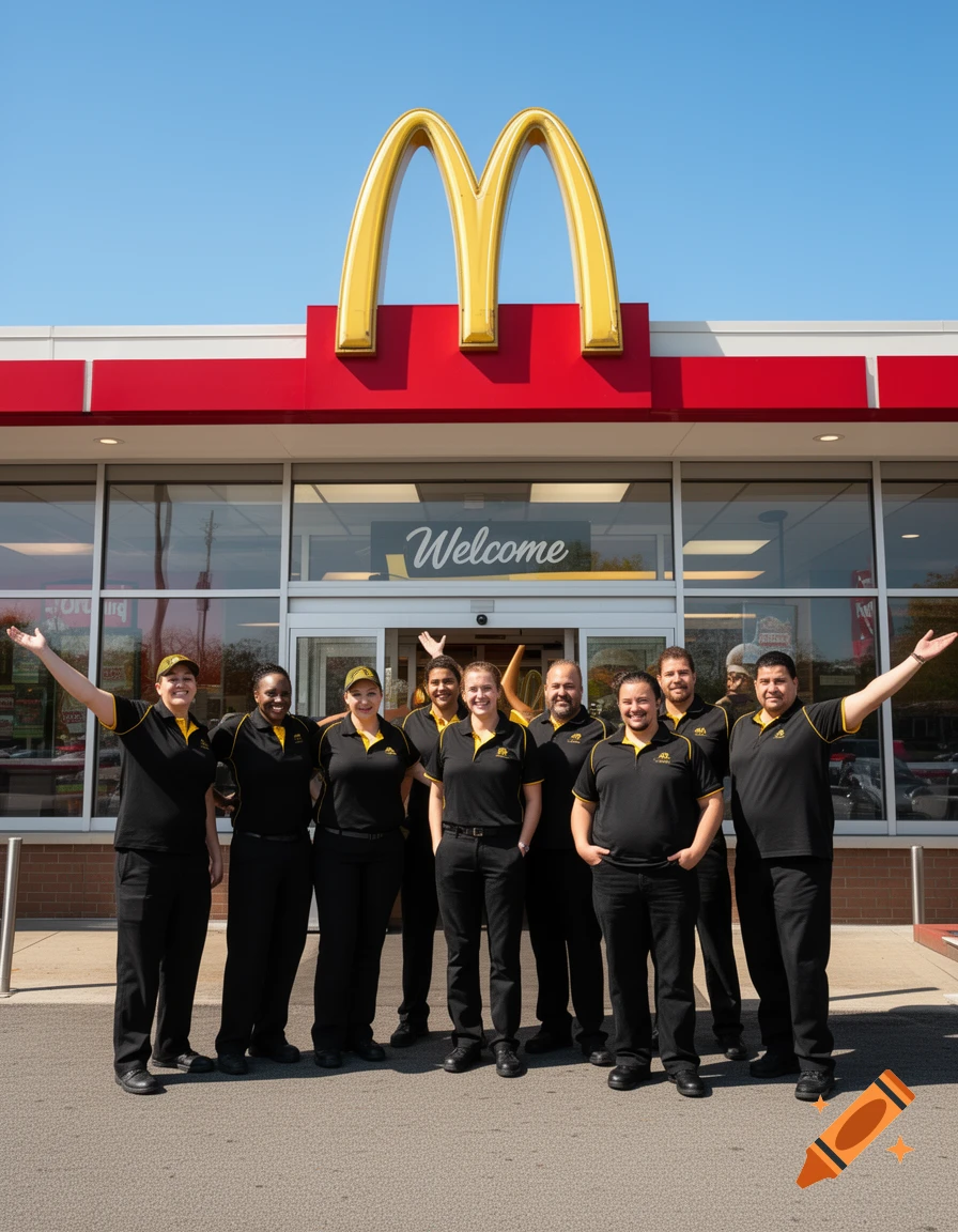 A group of McDonald's workers in black and yellow uniforms stand smiling outside a McDonald's restaurant with the golden arches logo.