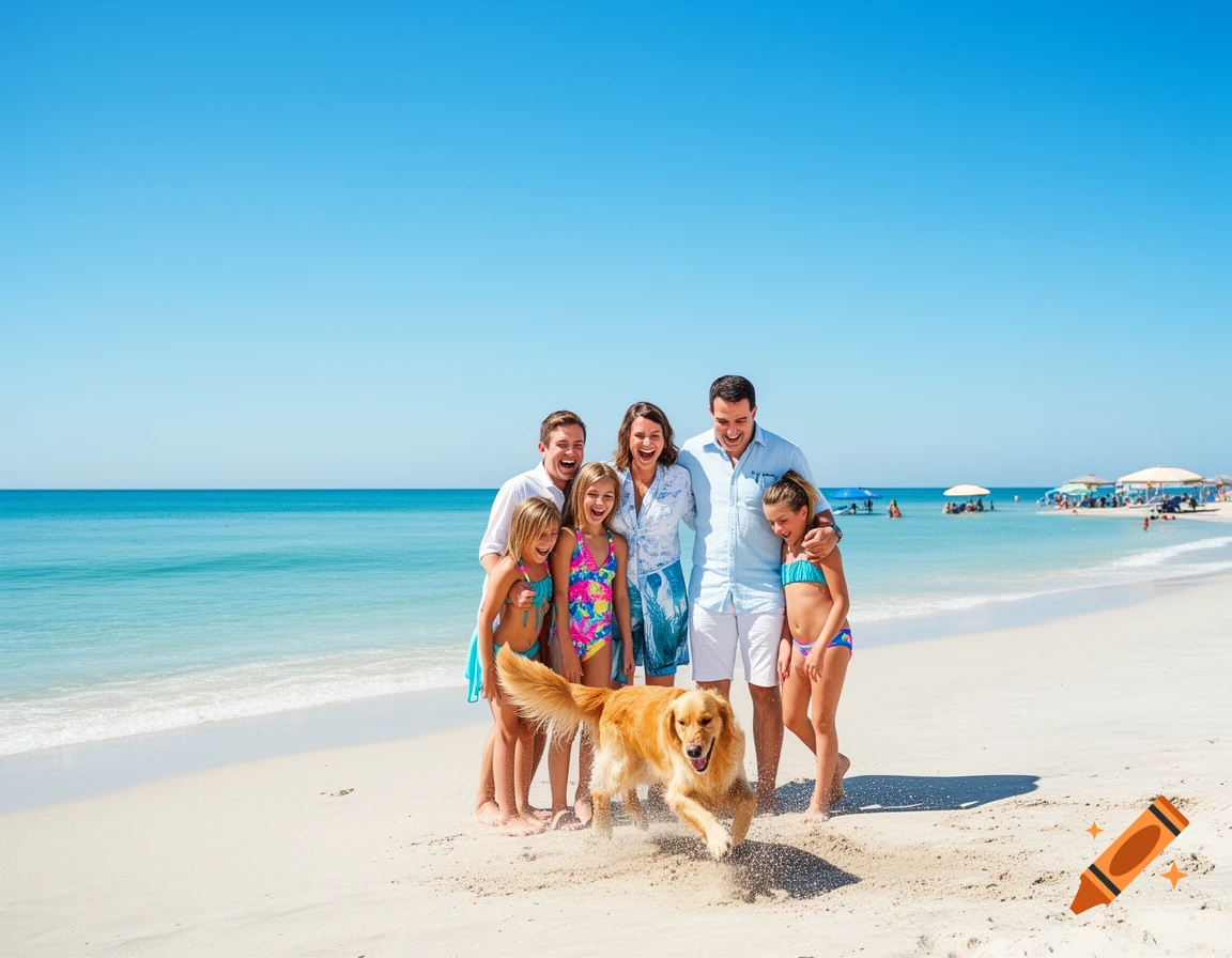 A happy family with two adults, two children, and their golden retriever on a sunny white sand beach with clear blue water.
