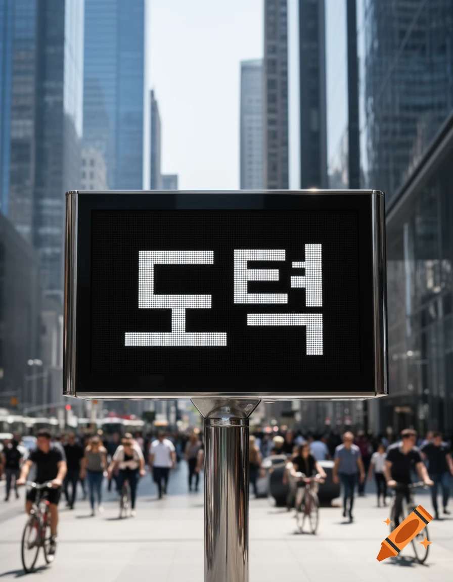 A digital sign displaying the Korean word '도덕' in a busy city street with blurred pedestrians and skyscrapers.