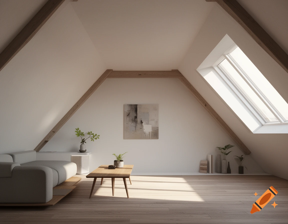 A modern attic room featuring white walls, wooden ceiling beams, a light grey sofa, a wooden coffee table, and a large skylight.