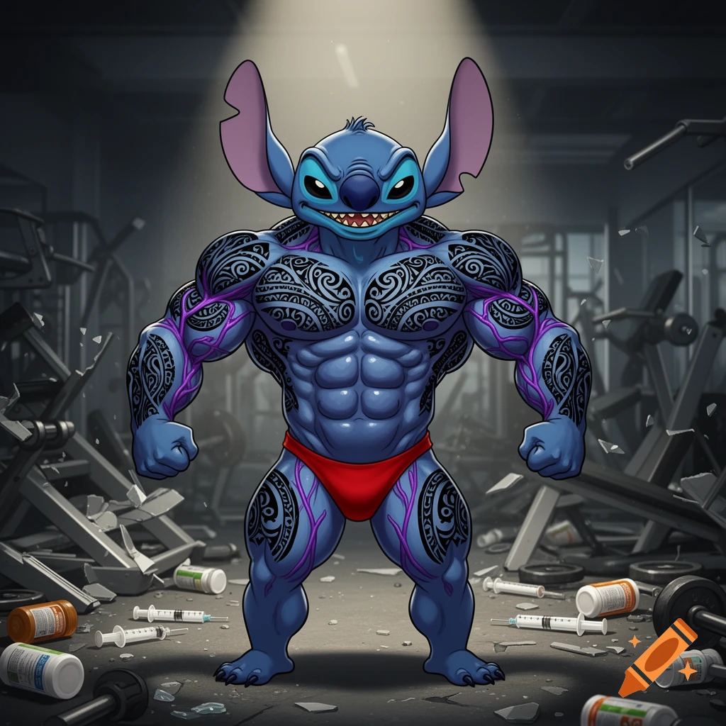 Massive, tattooed Stitch in a red posing thong flexing in a destroyed gym with broken equipment and scattered syringes.