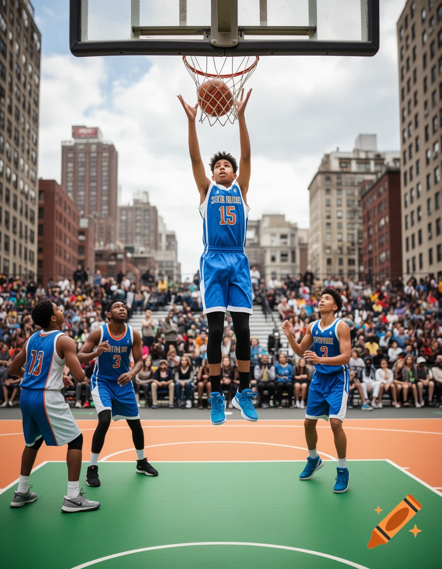 A young basketball player in a blue and white jersey jumps high to dunk a basketball on an outdoor court, with other players and a crowd watching in a city setting.