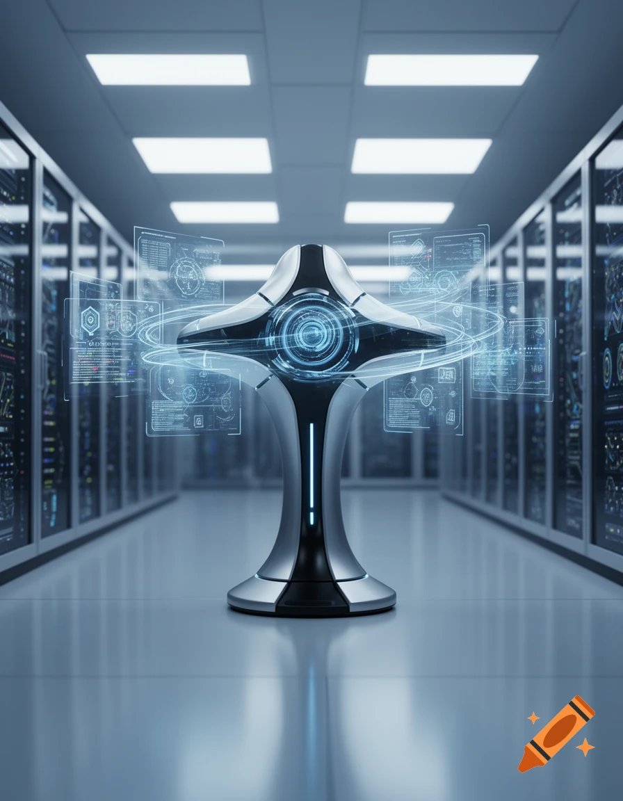 A sleek, futuristic device with blue holographic data displays stands in a modern server room, photorealistic.