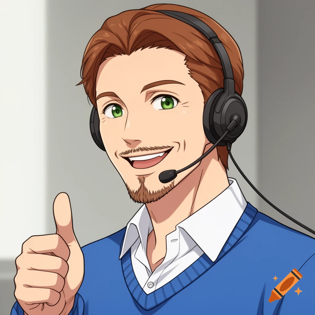 Anime-style man with brown hair, green eyes, goatee, and a headset, smiling and giving a thumbs-up.