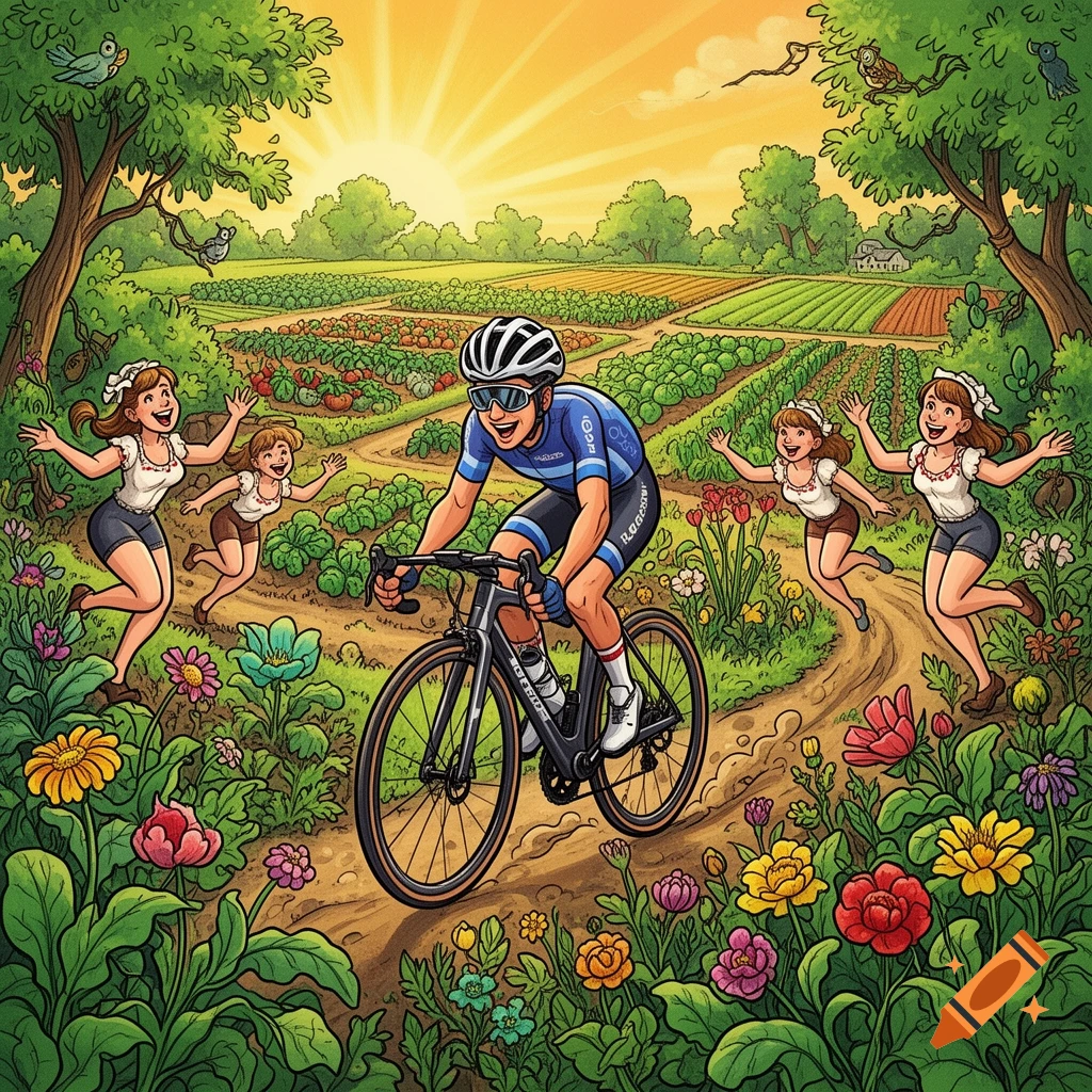 A cartoon cyclist in a blue jersey rides a black road bike on a dirt path through a vibrant, organic farm, cheered by four women in a sunny, idyllic landscape.