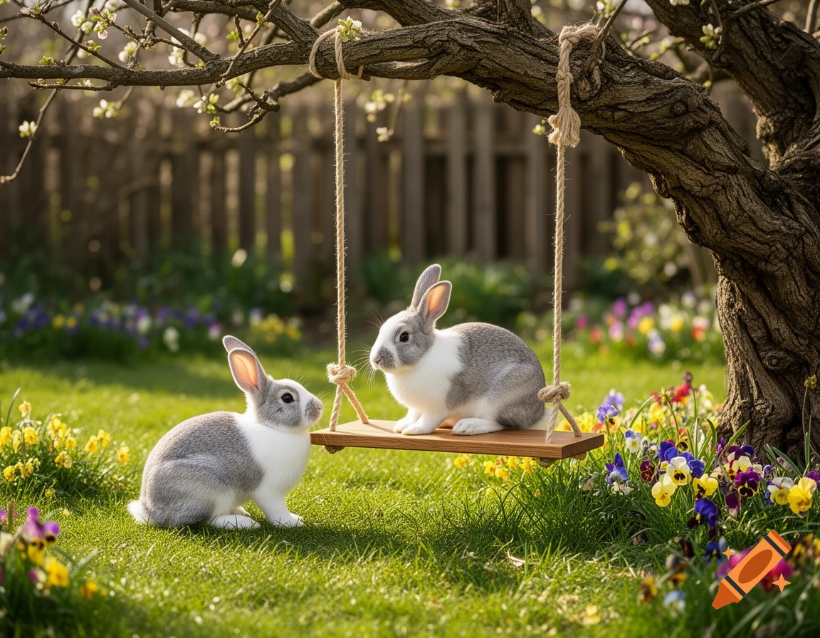 Two gray and white rabbits, one on a wooden swing, the other on grass, in a sunny spring garden with colorful flowers.