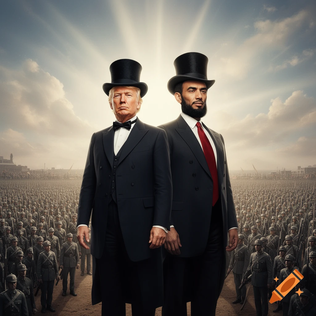Donald Trump and a bearded man in top hats and suits stand before a vast army under a bright, cloudy sky.