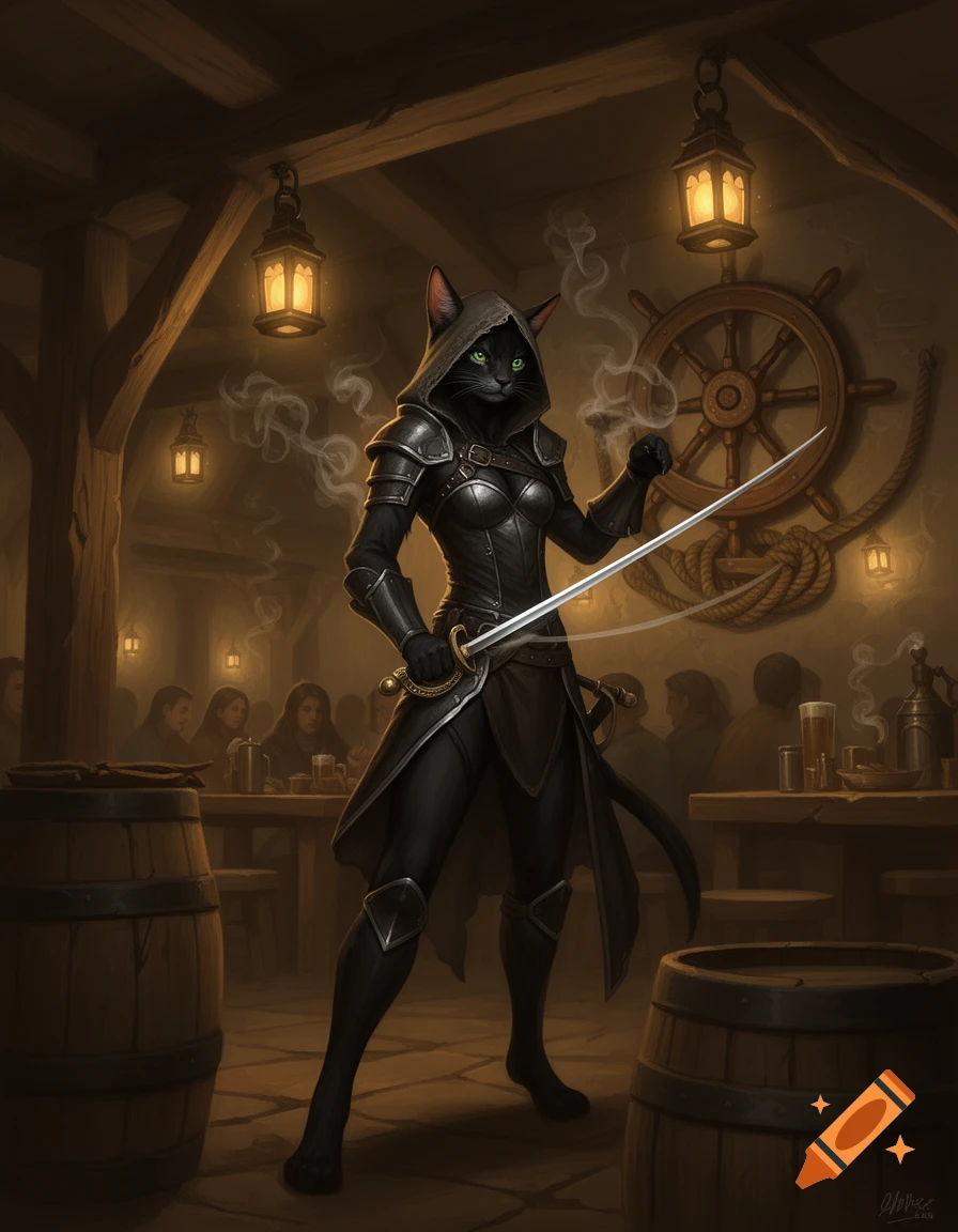 A black furred, hooded cat-like swashbuckler with green eyes holds two swords in a dimly lit fantasy tavern.