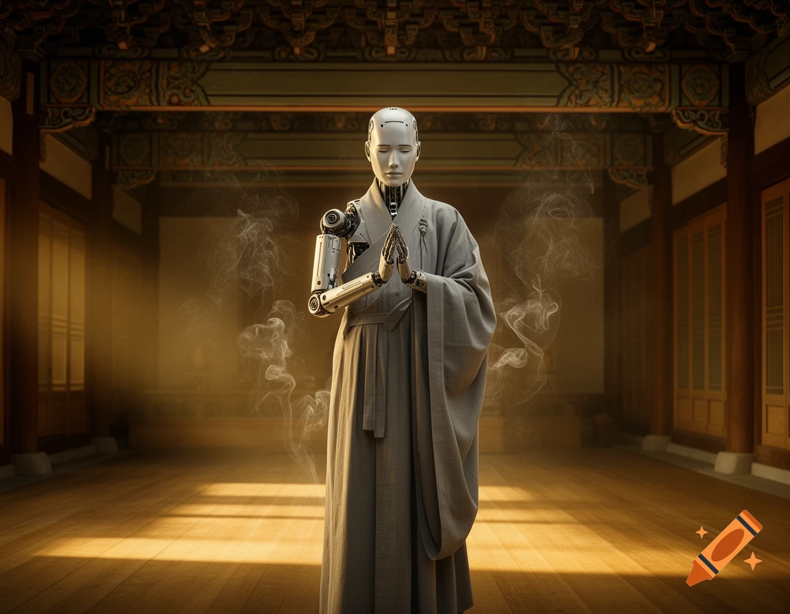 Photorealistic humanoid robot Buddhist monk praying in a warmly lit Korean temple with incense smoke.
