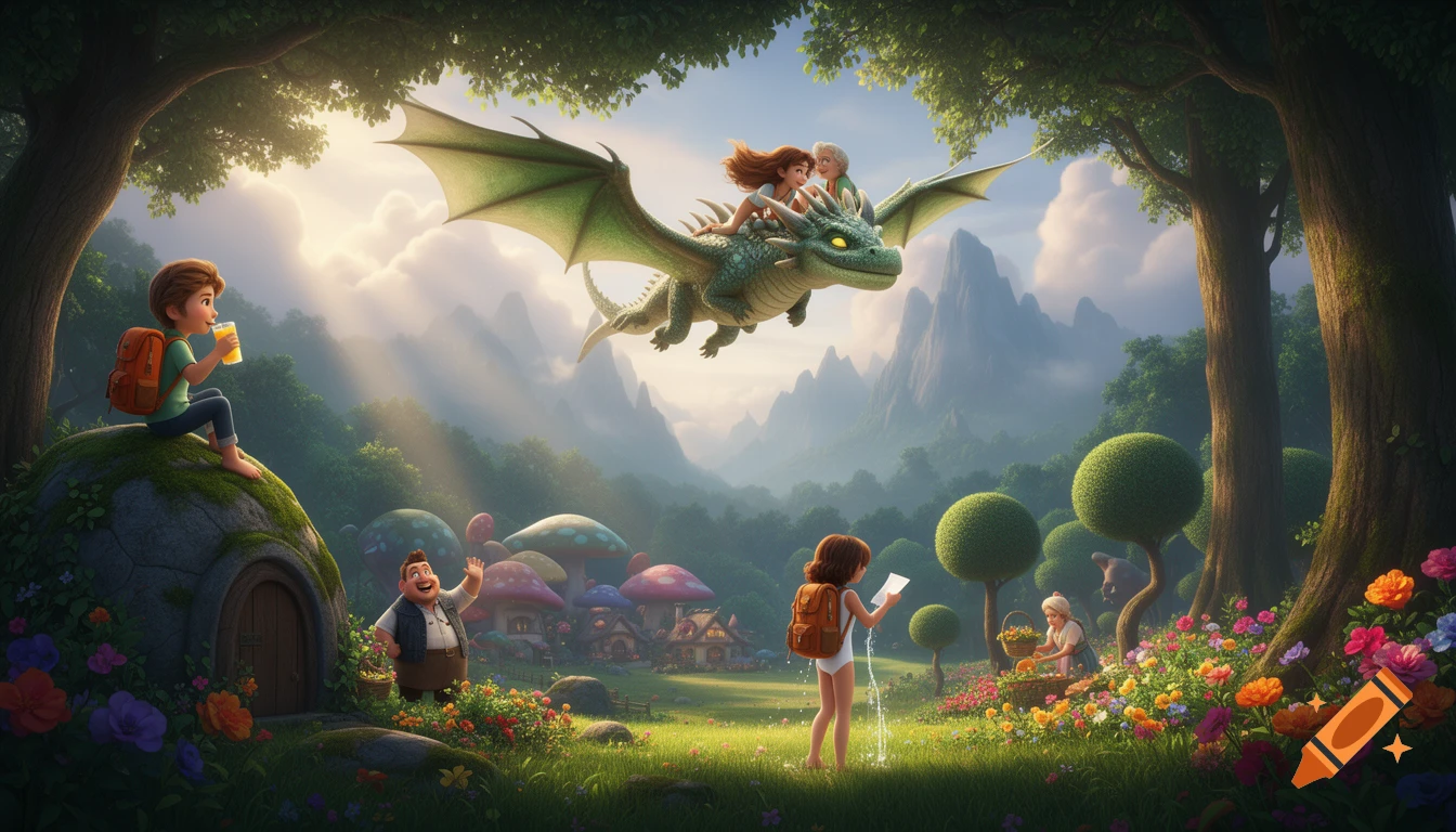 A whimsical 3D animated scene of children, one riding a flying green dragon, over a magical forest with mushroom houses.