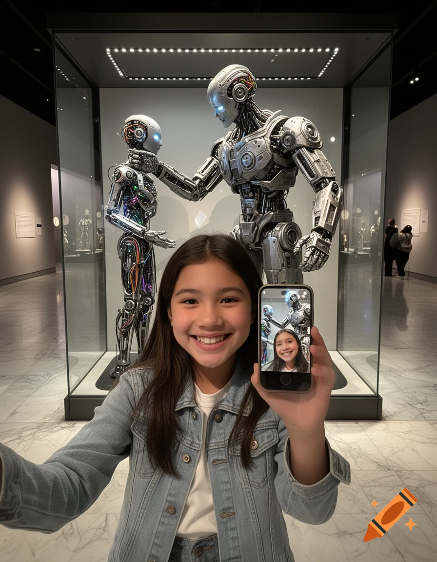 A smiling girl takes a selfie in a museum, with a large robot in a display case seemingly grabbing a smaller robot's throat behind her.