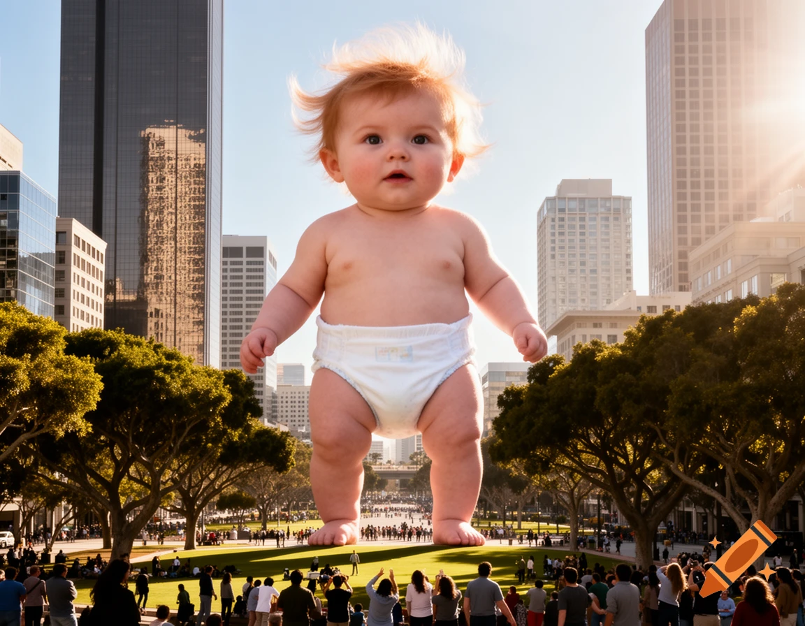 A huge baby in a white diaper stands in a bustling city park, with people looking up at it and skyscrapers in the background.