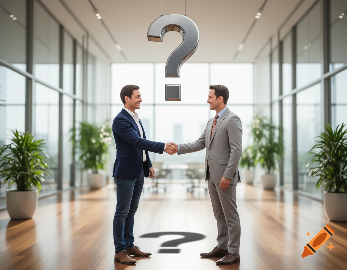 Two men in business attire shaking hands in a modern office with a large, metallic question mark floating above them and another on the floor.