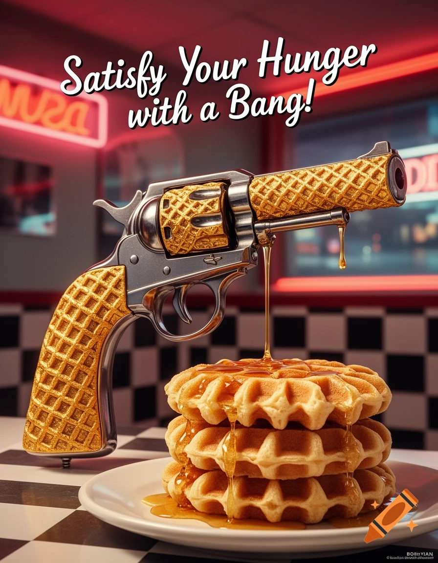 A close-up shot of a revolver with a waffle-textured body, dripping syrup onto a stack of waffles on a checkered table in a diner. Above, text reads "Satisfy Your Hunger with a Bang!"