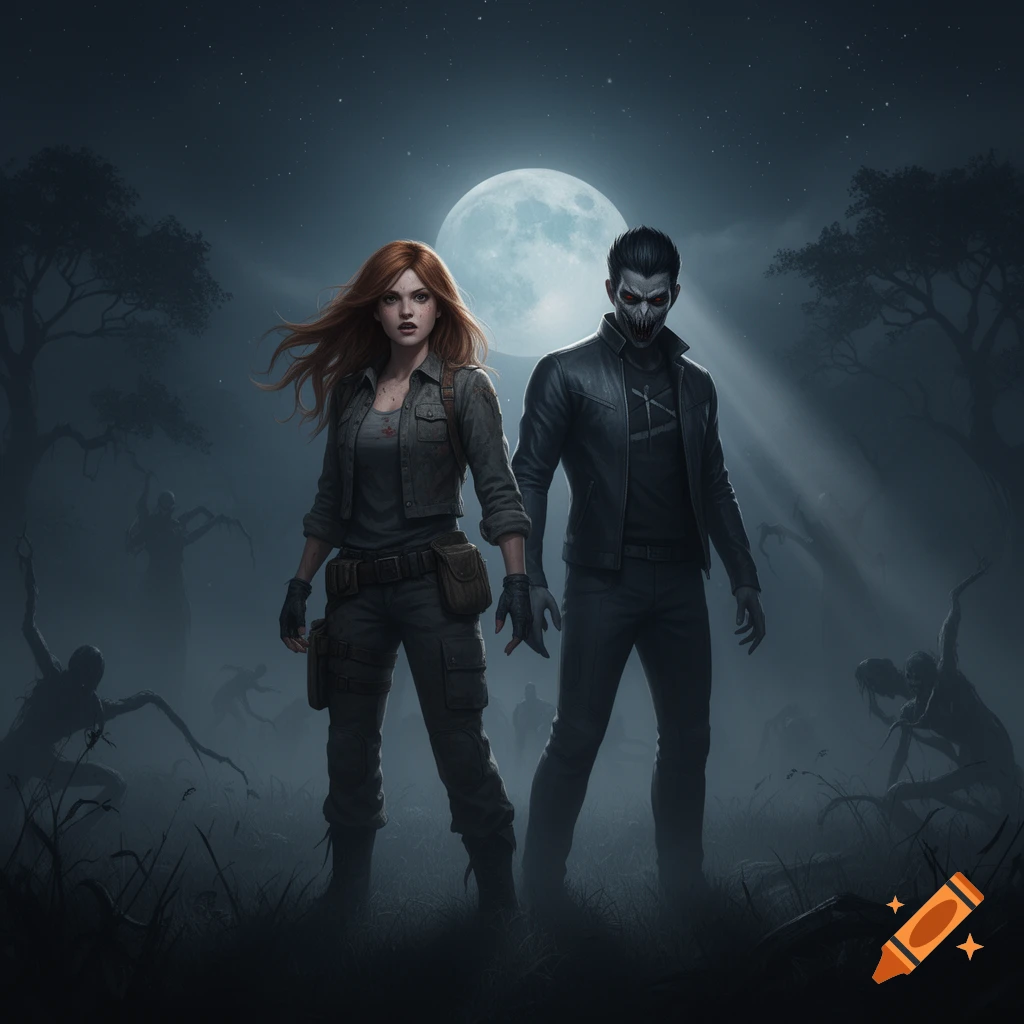 Two characters, a woman with red hair and a man with a pale, masked face, stand under a full moon in a foggy, dark forest filled with shadowy figures.