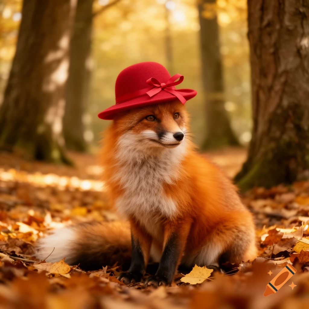 A cute red fox wearing a red hat, sitting in an autumn forest with fallen leaves.