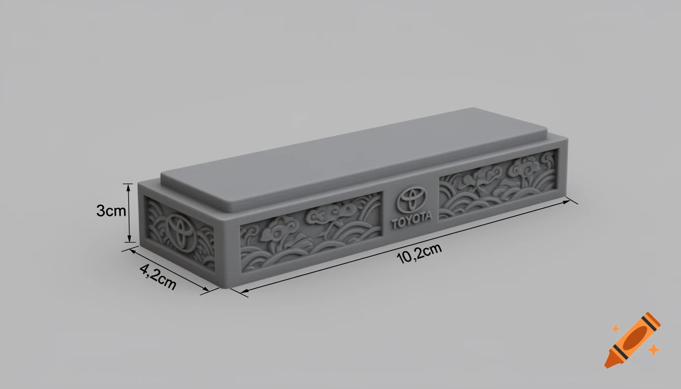 Gray 3D model of a rectangular display base with Japanese wave patterns, a Toyota logo, and dimension labels.