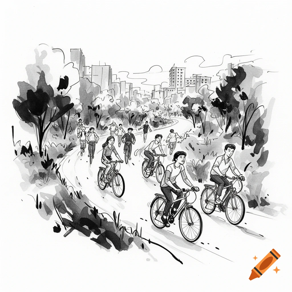 Black and white ink illustration of people cycling and running on a winding path in a park with city buildings.