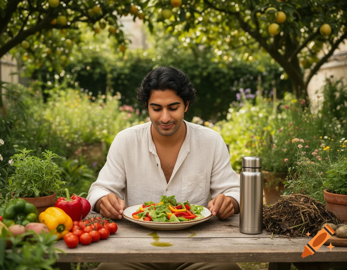 A man eating a fresh salad at a wooden table in a lush garden with fruit trees and potted plants.