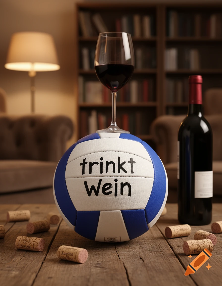 A volleyball with 'trinkt Wein' text balances a glass of red wine, next to a bottle and corks on a wooden table.