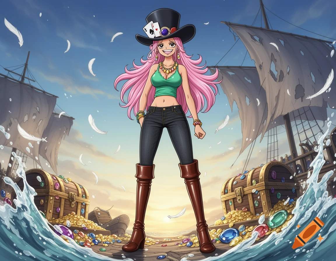 Pink-haired anime pirate woman, Jewelry Bonney, stands on a treasure-filled beach with ships and feathers.