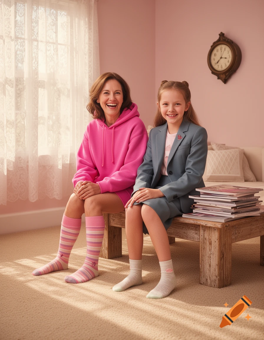 A smiling woman in a pink hoodie and striped socks sits next to a smiling girl in a blue suit and white socks, both on a wooden bench in a pastel pink room with a clock.