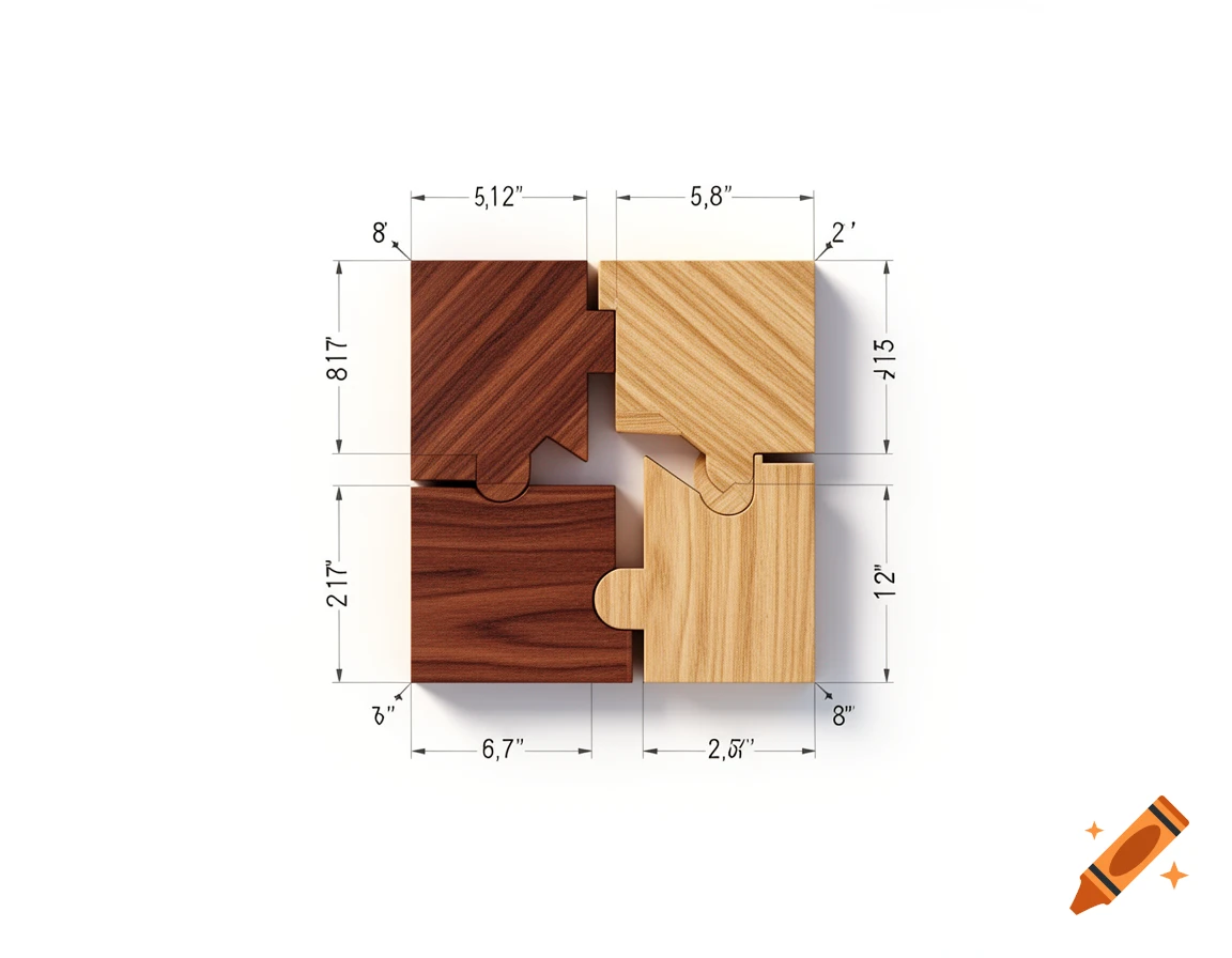 Top-down view of four interlocking wooden puzzle pieces, two light brown and two dark brown, with technical measurement lines and dimensions.