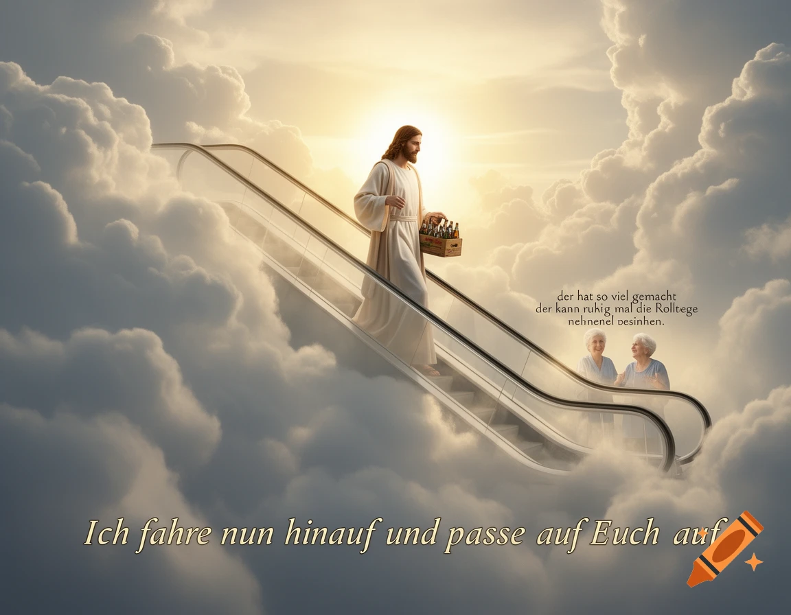 Jesus on an escalator ascending into the sky surrounded by clouds, carrying a crate of beer. Two elderly women are on the escalator below, and text is present.