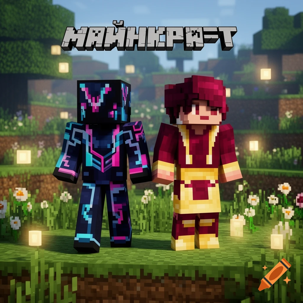 Two blocky Minecraft characters, one in a glowing neon suit and another in a red and yellow outfit, stand in a grassy field with the Minecraft logo.
