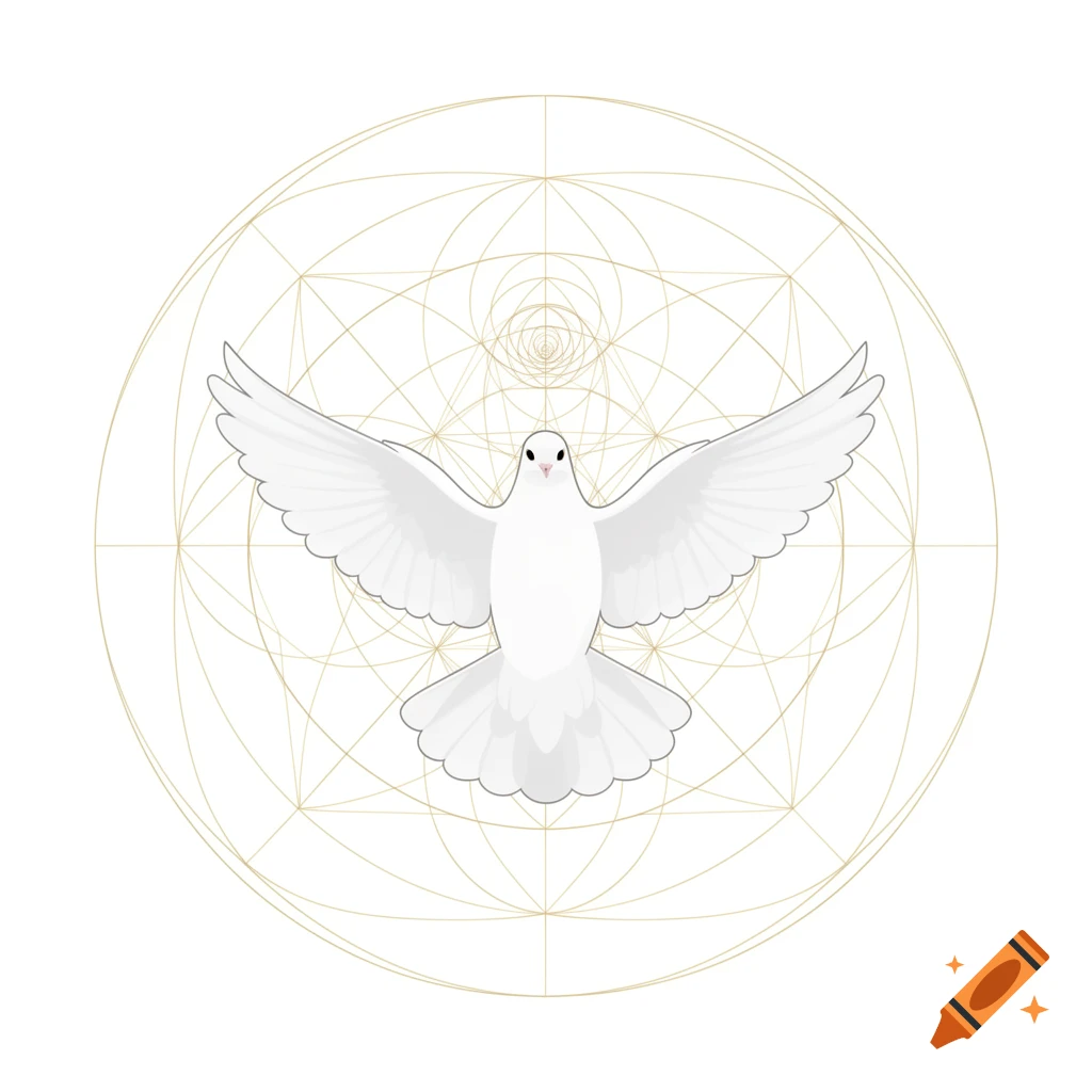 Minimalistic vector icon of a white flying pigeon centered within golden sacred geometry patterns.