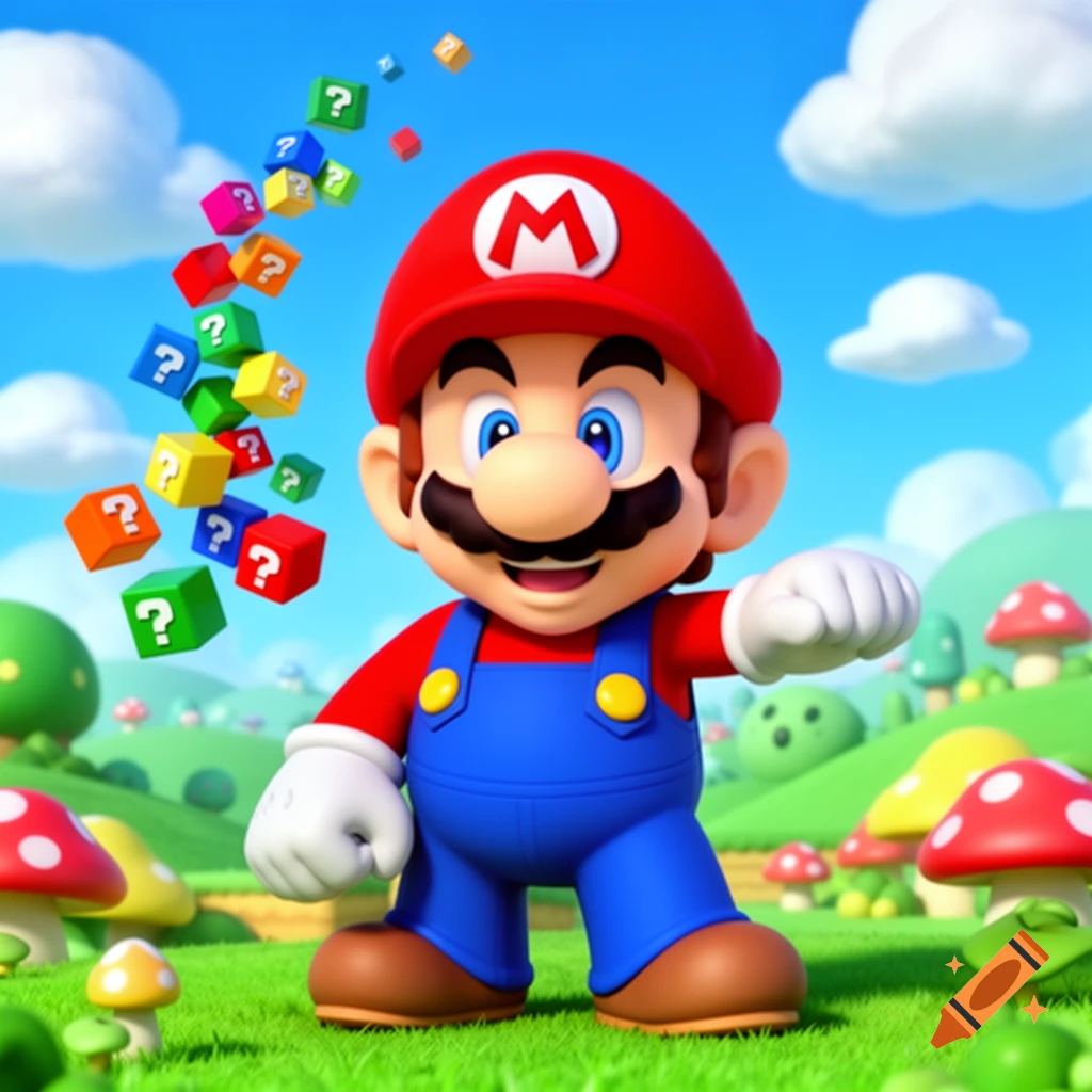 Mario in a vibrant green landscape, surrounded by colorful question mark blocks and red mushrooms.