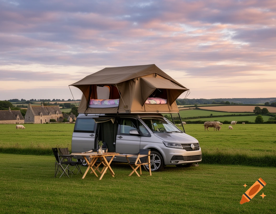 A silver camper van with a brown roof tent parked in a green field with a picnic table, sheep, and stone buildings under a cloudy sunset sky.