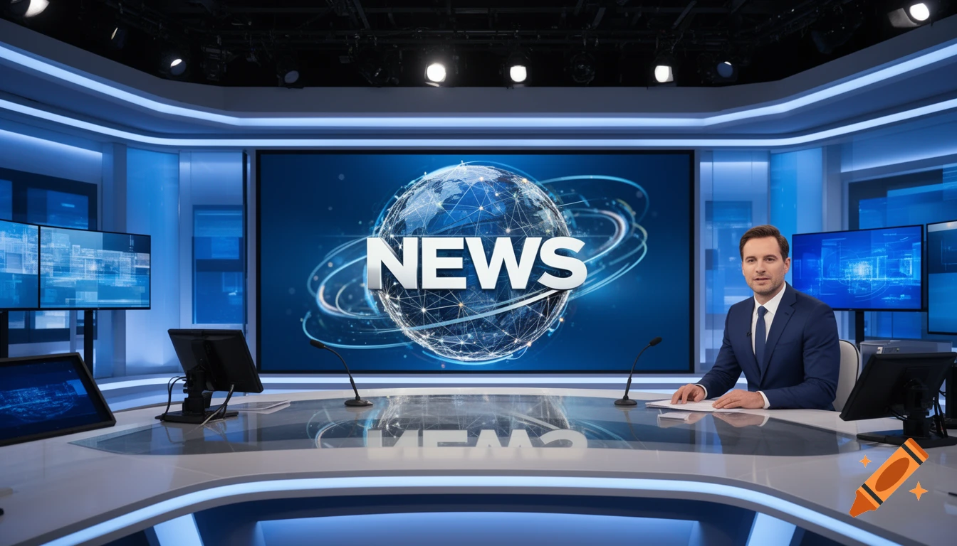 A male news anchor sits at a desk in a modern television studio, with a large screen displaying 'NEWS' and a globe behind him.