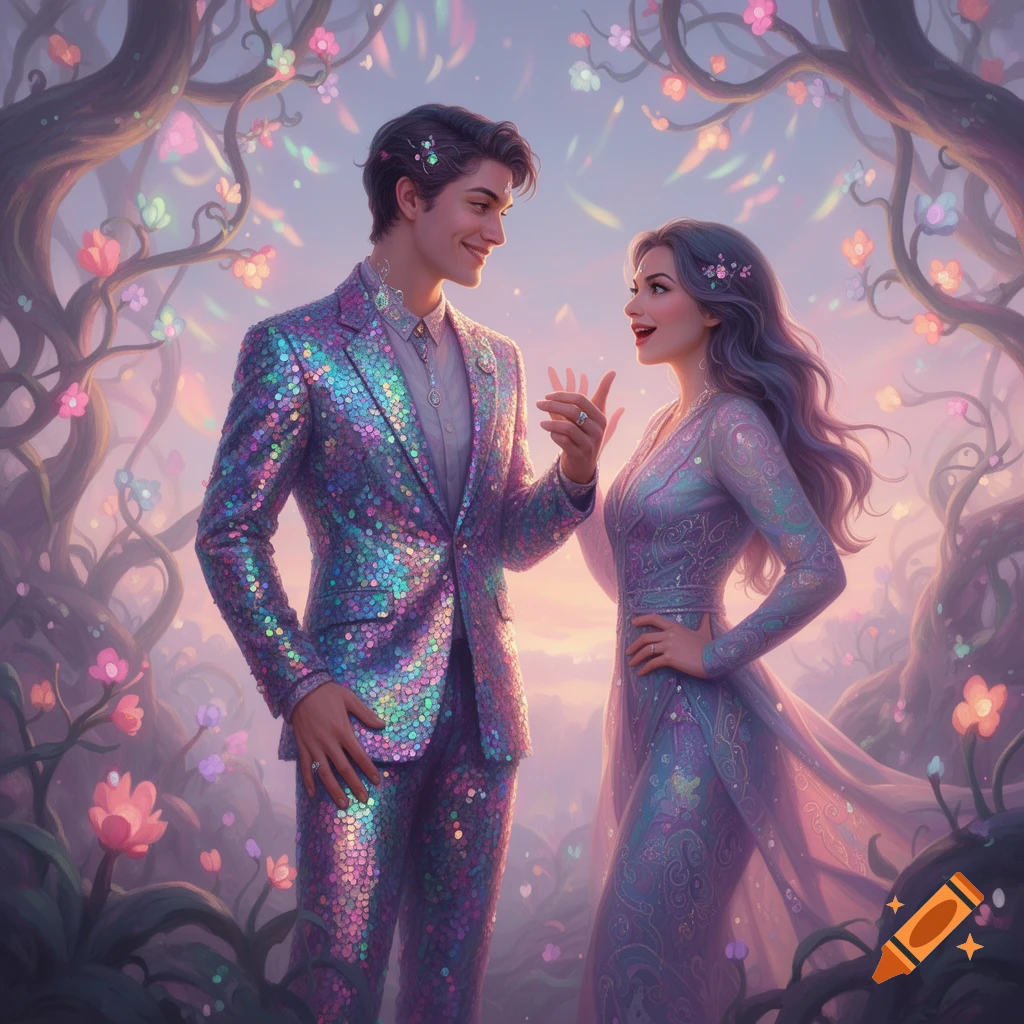 A man in a shimmering sequined suit and a woman in an iridescent dress smile at each other in a magical forest with glowing pastel flowers and twisted trees.