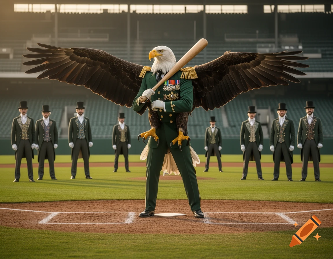 A bald eagle in a green military uniform holds a baseball bat on a field, flanked by men in Victorian top hats and suits.