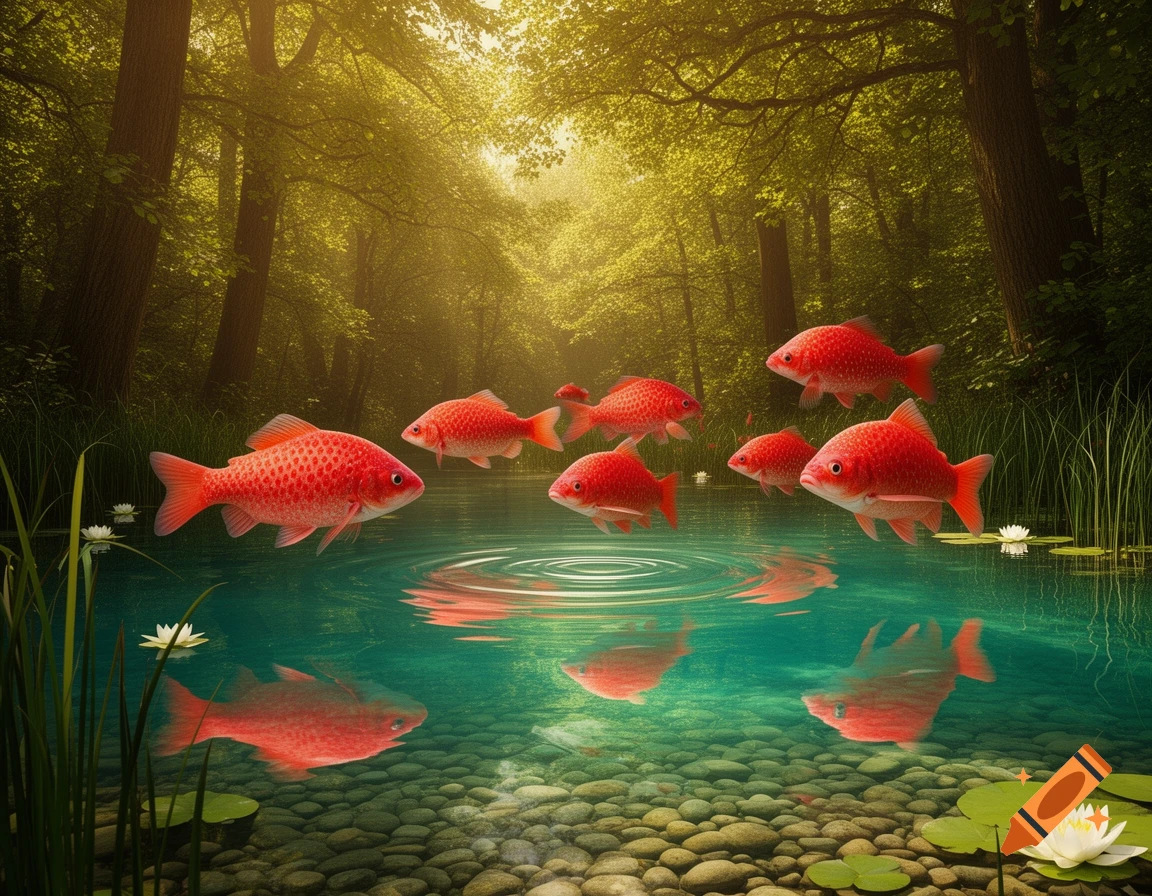 Bright red fish swim in a clear pond with water lilies, surrounded by a lush sunlit forest, in a photorealistic style.