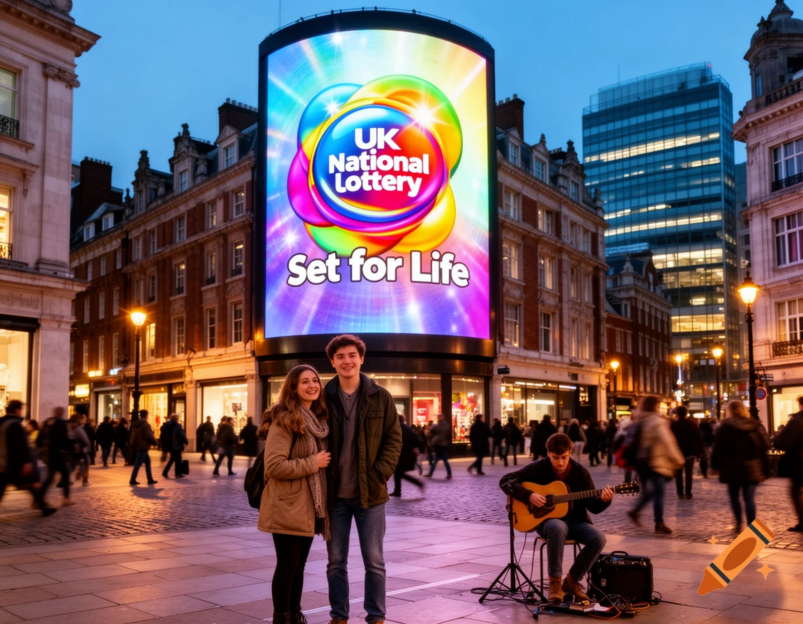 A photorealistic city street at dusk with a couple, a guitar busker, and a large digital billboard for 'UK National Lottery'.