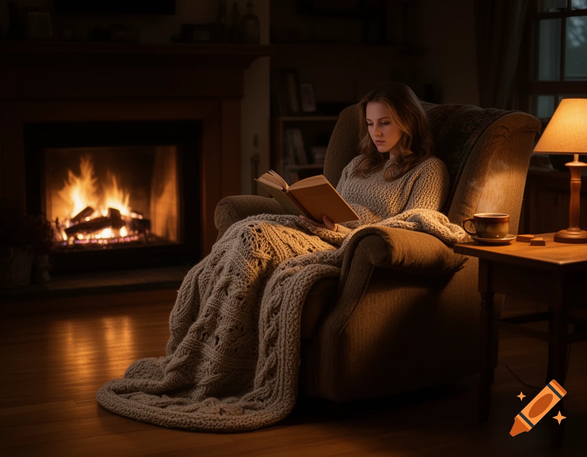 Young woman reading a book by a cozy fireplace with a blanket, a cup of coffee on a side table, photorealistic.
