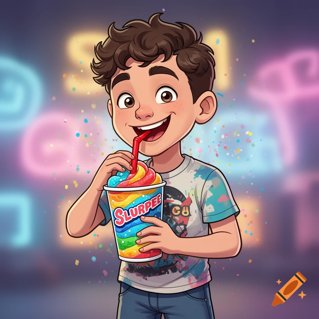 Cartoon boy with brown curly hair happily sips a rainbow-layered Slurpee, with colorful blurry lights in the background.