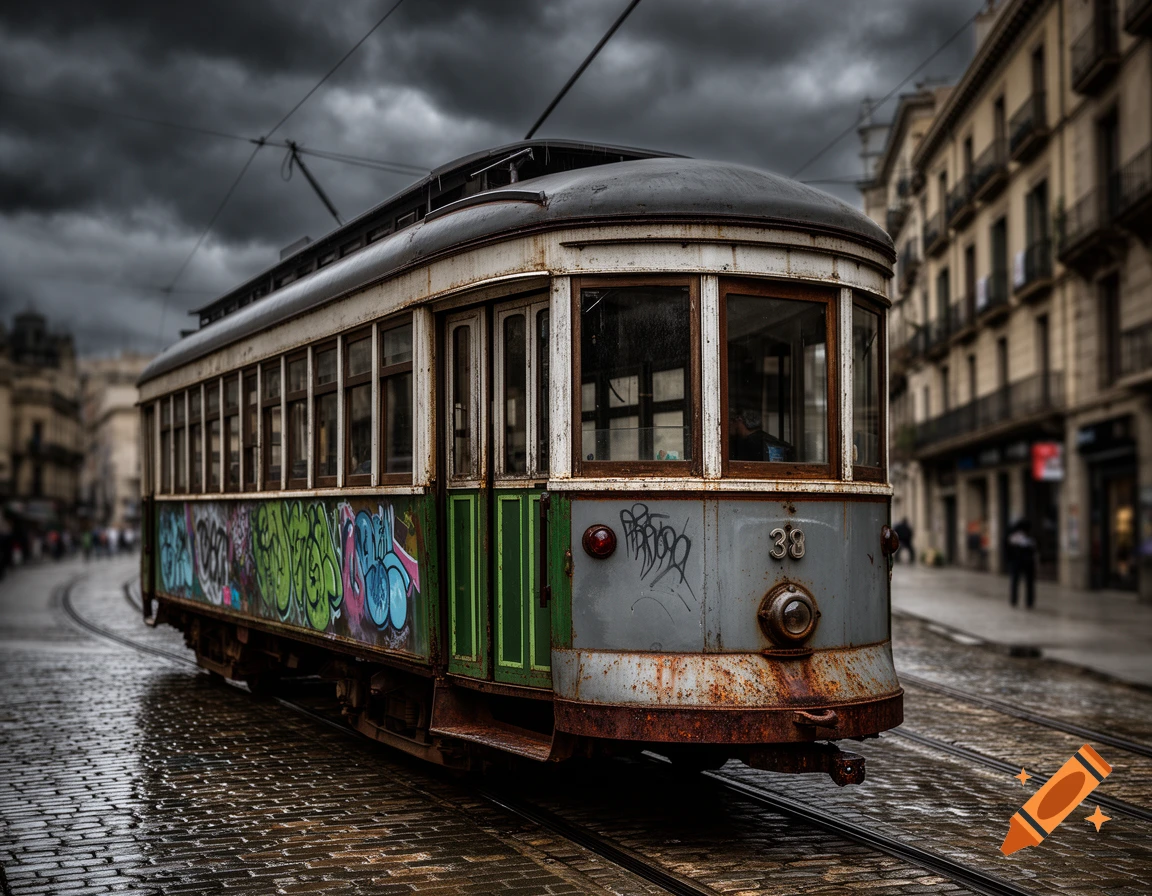 A weathered, graffitied old tram on a wet cobblestone street under a dark, stormy sky in a European city, photorealistic.