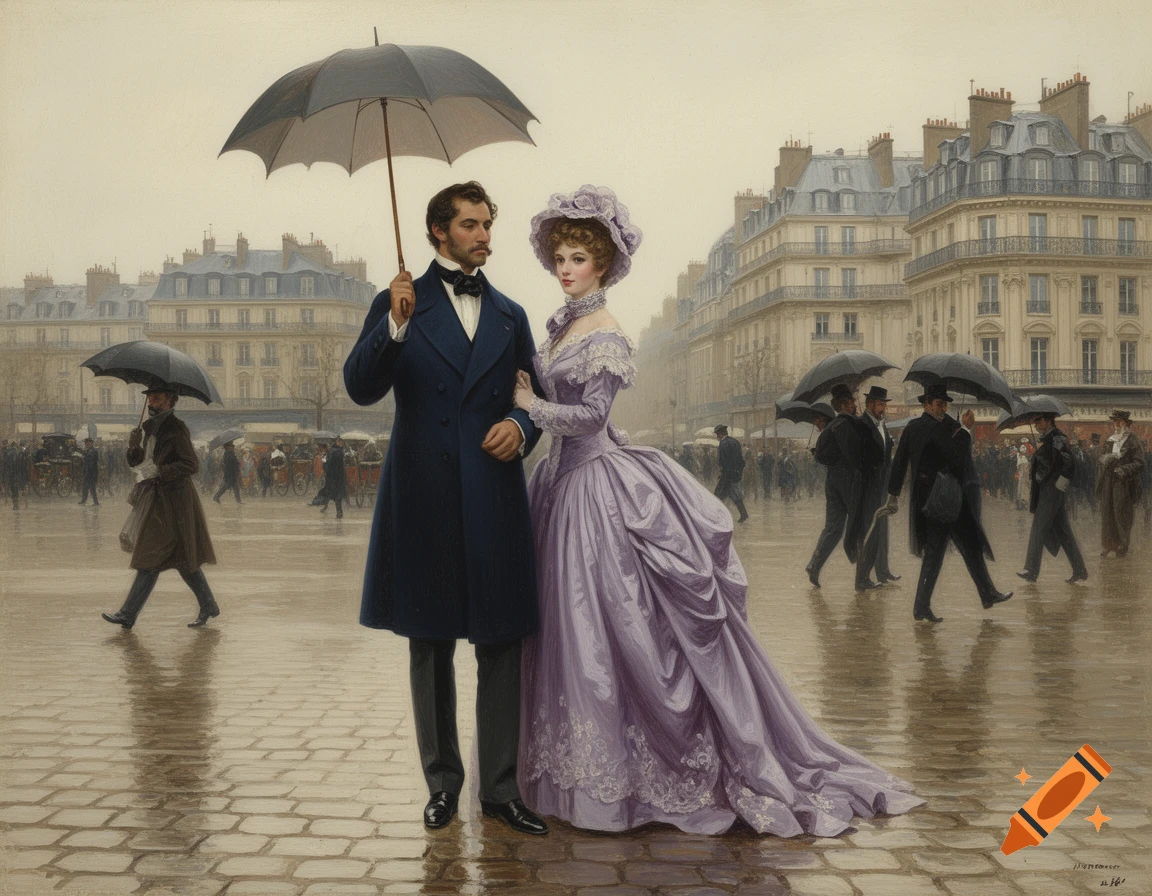 Oil painting of a 19th-century couple with an umbrella on a rainy Parisian street, with other pedestrians and buildings.