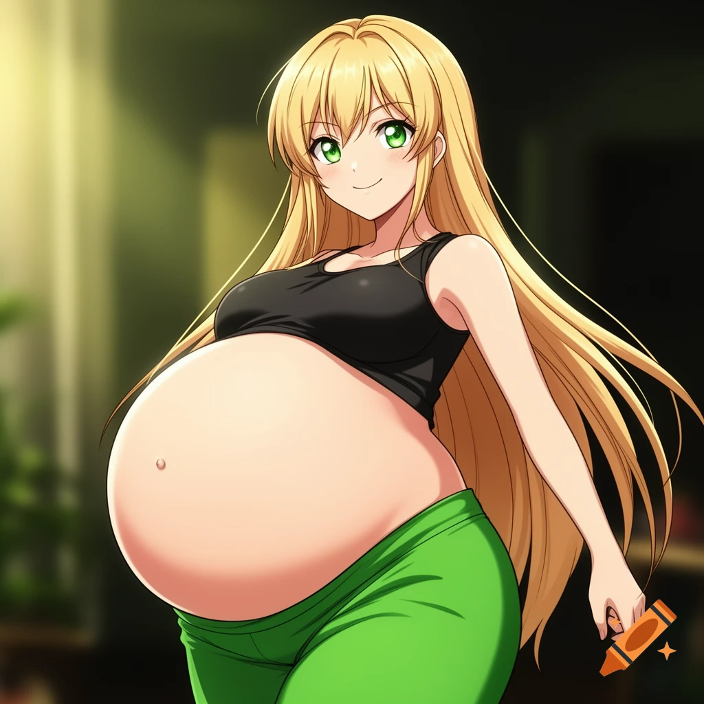 An anime girl with long blonde hair, green eyes, a black tank top, green yoga pants, and a very large pregnant belly.