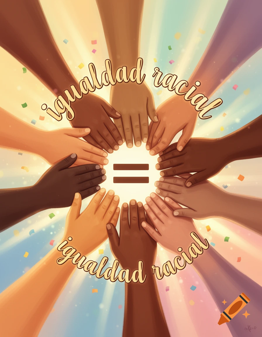 Illustration of many hands with different skin tones forming a circle around an equals sign, with the text 'igualdad racial' (racial equality) and colorful confetti.